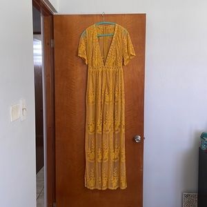 Yellow- Mustard Deep V-Neck Lace Maxi Dress